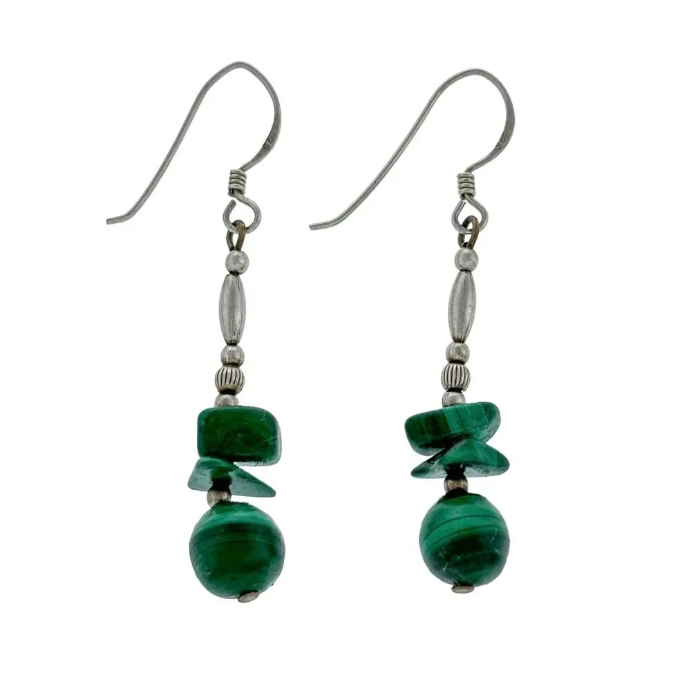 Vintage Sterling Silver 925 Beaded Green Malachite Dangle Earrings